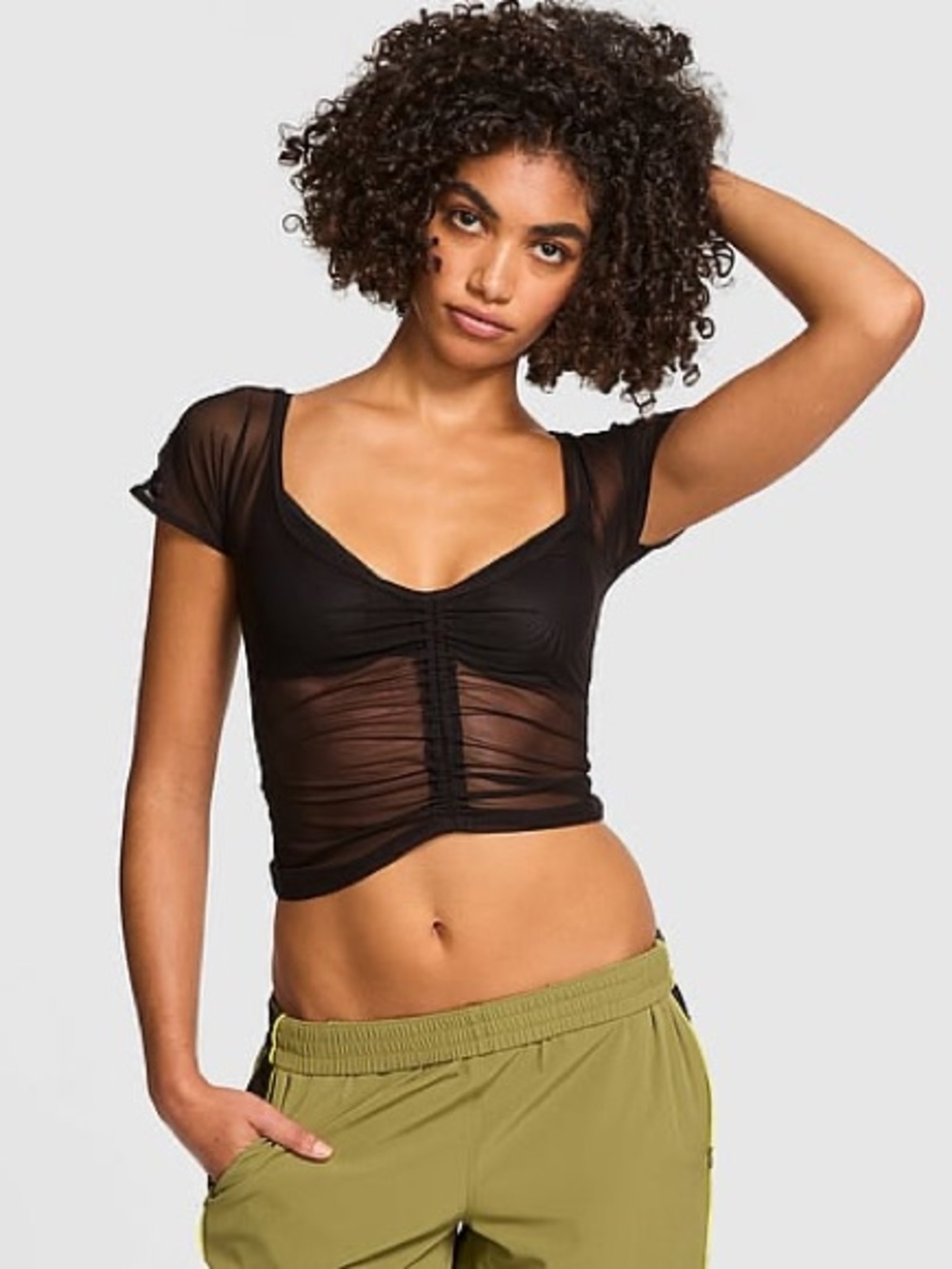 Victoria Secret PINK
Mesh Ruched Cap-Sleeve Cropped Top